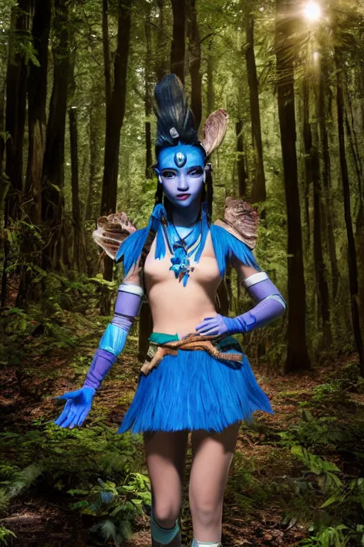 Prompt: a young woman dressed as a blue-skinned female navi from avatar standing in a forest, high resolution film still, 8k, HDR colors, cosplay, outdoor lighting, high resolution photograph, photo by bruce weber