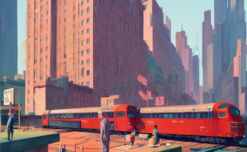 Image similar to A big train moving in the middle of new york city, very coherent, painted by Edward Hopper, Wayne Barlowe, painted by James Gilleard, airbrush, art by JamesJean
