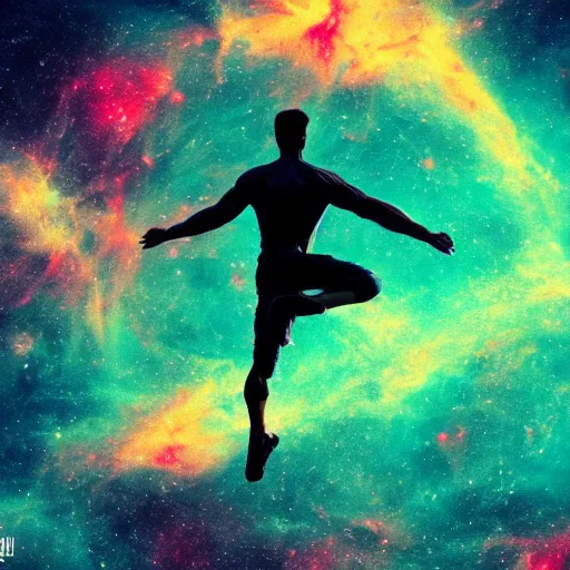 Image similar to wide shot of athletic man, inspiring pose, floating, silhouette, long shot, in a cosmic nebula background, matte colors, very very very dramatic, inspiring digital art trending on artstation