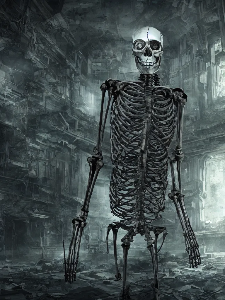 Prompt: portrait of a cyborg skeleton, standing in a hall of abandoned ancient megacomplex; hyperrealistic, 4K wallpaper, cinematic lighting, highly detailed and beautiful