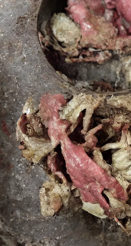 Image similar to Human flesh, bones, rotten meat and rusted metal arranged inside a flower vase