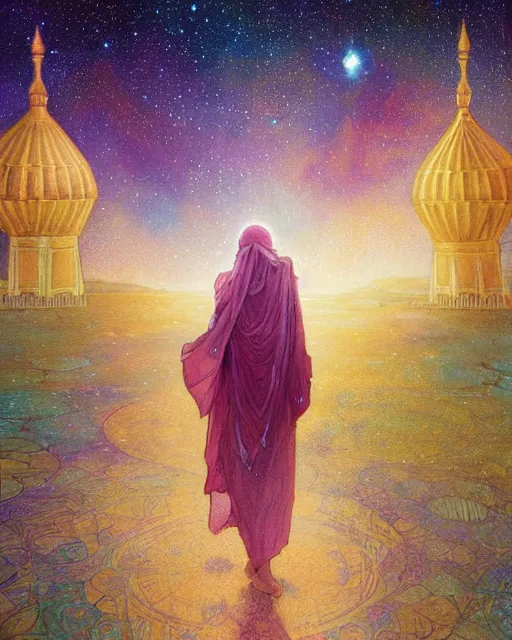 Image similar to bedouin child praying in galaxy walking towards mosque surrounded by nebula, highly detailed, gold filigree, romantic storybook fantasy, soft cinematic lighting, award, disney concept art watercolor illustration by mandy jurgens and alphonse mucha and alena aenami, pastel color palette, featured on artstation