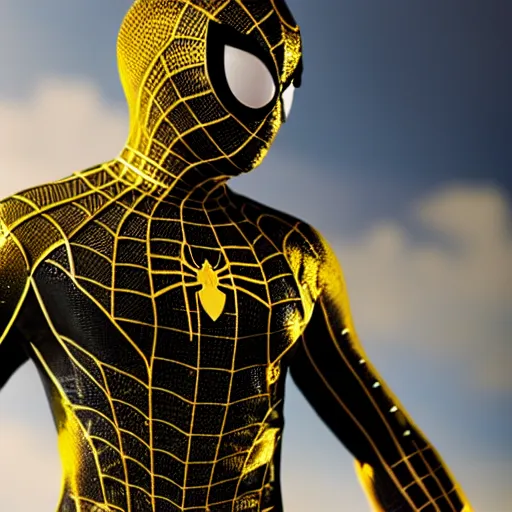 Image similar to gold spider - man suit with black web lining, cinematic, volumetric lighting, realistic, hyperdetailed, photorealistic, photograph