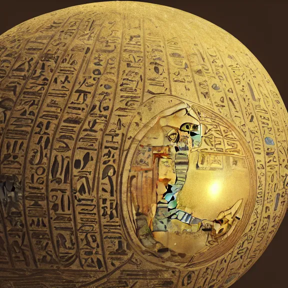 Image similar to An ancient egyptian perfect sphere with the wedjat eye engraved, dirty gold, splash art, movie still, cinematic lighting, dramatic, octane render, long lens, shallow depth of field, bokeh, anamorphic lens flare, 8k, hyper detailed, 35mm film grain