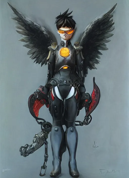 Image similar to full body artwork of tracer overwatch wearing leather collar in style of zdzisław beksinski, angel wings, dramatic painting, symmetrical composition, wearing detailed leather collar, black shiny armor, chains, black harness, detailed face and eyes,