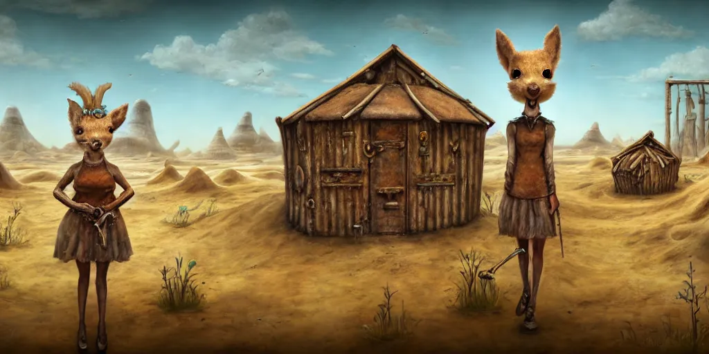 Image similar to anthropomorphic doe is visiting a post - apocalyptic merchant town of flower huts in the salt dunes, matte oil painting, extreme body modification, badlands, rust, retrofutistic, science fantasy, rpg, roguelike, epic, plants, extremely detailed, sharp focus, 4 k