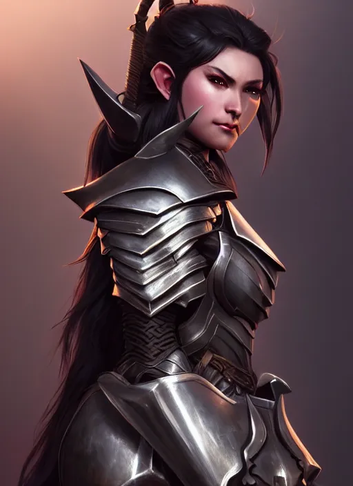 Image similar to full plate armor!!! beautiful and elegant dark hair female orc!! gorgeous ayes!! character concept art, sharp focus, octane render! unreal engine 5! highly rendered!! trending on artstation!! detailed linework!! illustration by artgerm, wlop, and chie yoshii