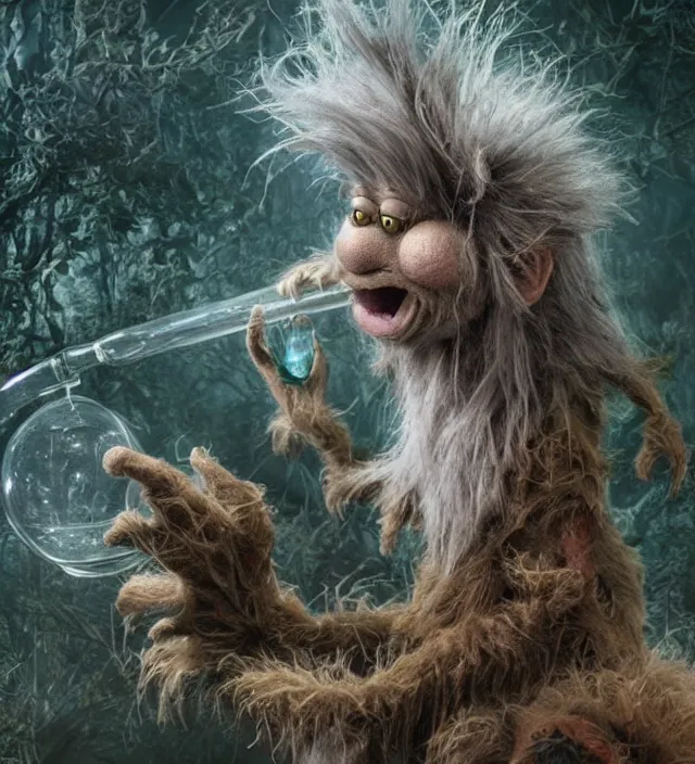 Prompt: hyper realistic photography of hairy fluffy muppet show elf goblin monster with long arms, real teeth, glass beads clay amulets, full body, cinematic symmetric dark _ crystal, brian froud, alan lee, jean baptiste monge, scott radke