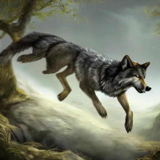 Prompt: wolf biting a sword while running, matte fantasy painting