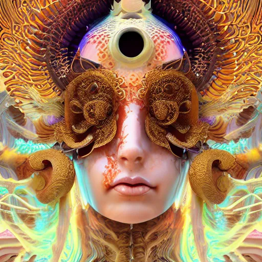 Image similar to 3 d goddess close - up frontal portrait with ram golden skull. beautiful intricately detailed japanese fractal kitsune mask and clasical japanese kimono. betta fish, jellyfish phoenix, bio luminescent, plasma, ice, water, wind, creature, mandelbulb, fractal, artwork by tooth wu and wlop and beeple and greg rutkowski