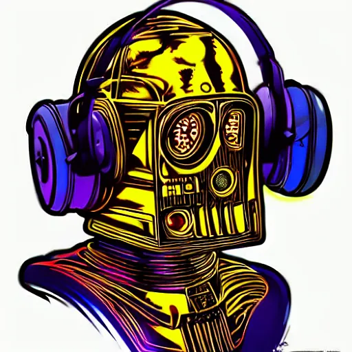 Image similar to artgerm, psychedelic laughing c 3 p 0, rocking out, headphones dj rave, digital artwork, r. crumb, svg vector