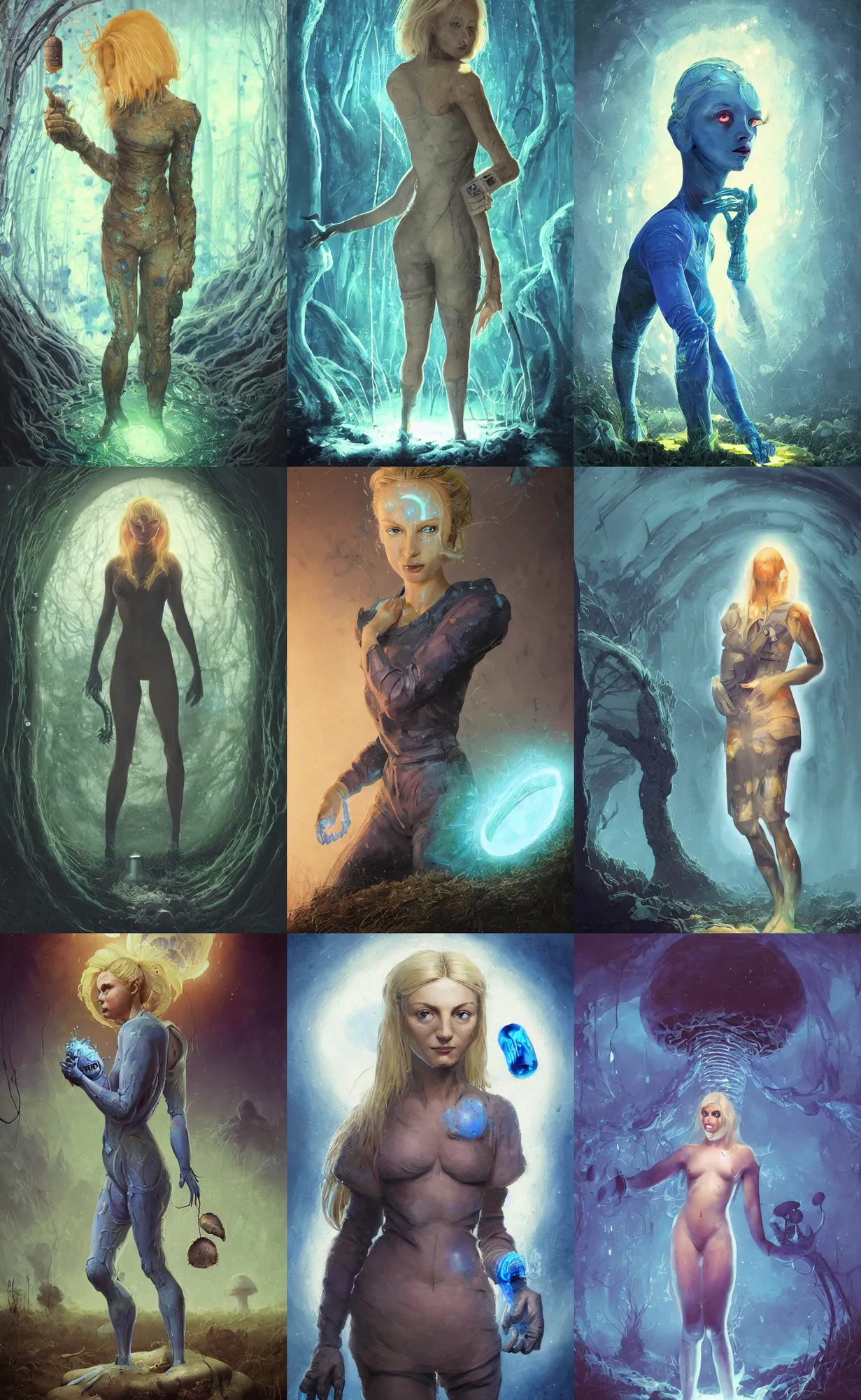 Image similar to A mixed media portrait painting of a beautiful blonde biologist woman, biohazard suit, examining a giant blue glowing mushroom in a mire, detailed Aesthetic! face and eyes, slavic, by Beeple, Frank Frazetta, Greg Rutkowski, Christian MacNevin, Boris Vallejo, epic fantasy character art, high fantasy, CGsociety, exquisite detail, post-processing, masterpiece, cinematic