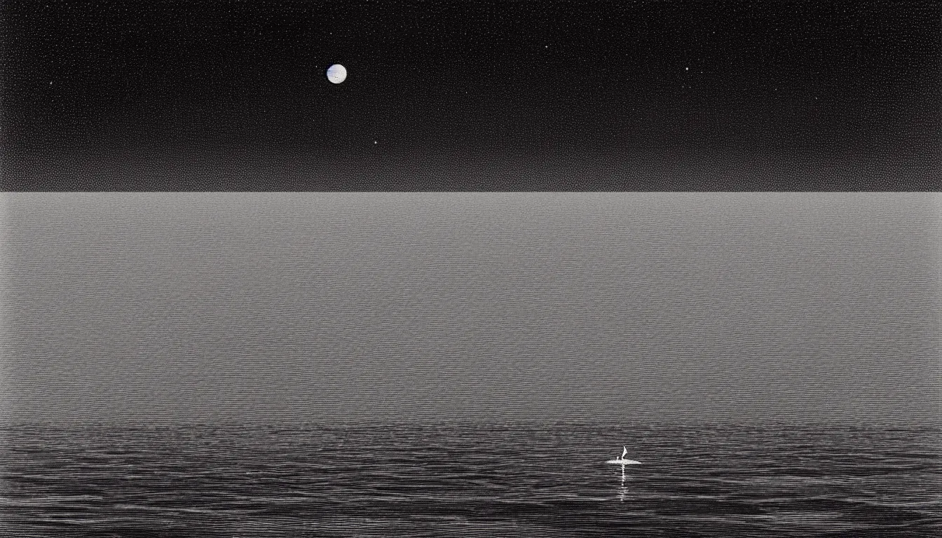 Image similar to calm ocean at night by nicolas delort, moebius, victo ngai, josan gonzalez, kilian eng