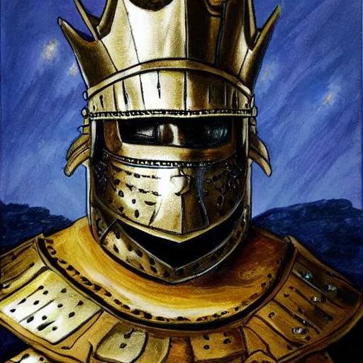 Image similar to knights armor, donald trump, crown!!!!!!, donald trump's face, detailed face, painting of a knight, boots!!!!!!, medieval castle background, valiant, by hans thoma