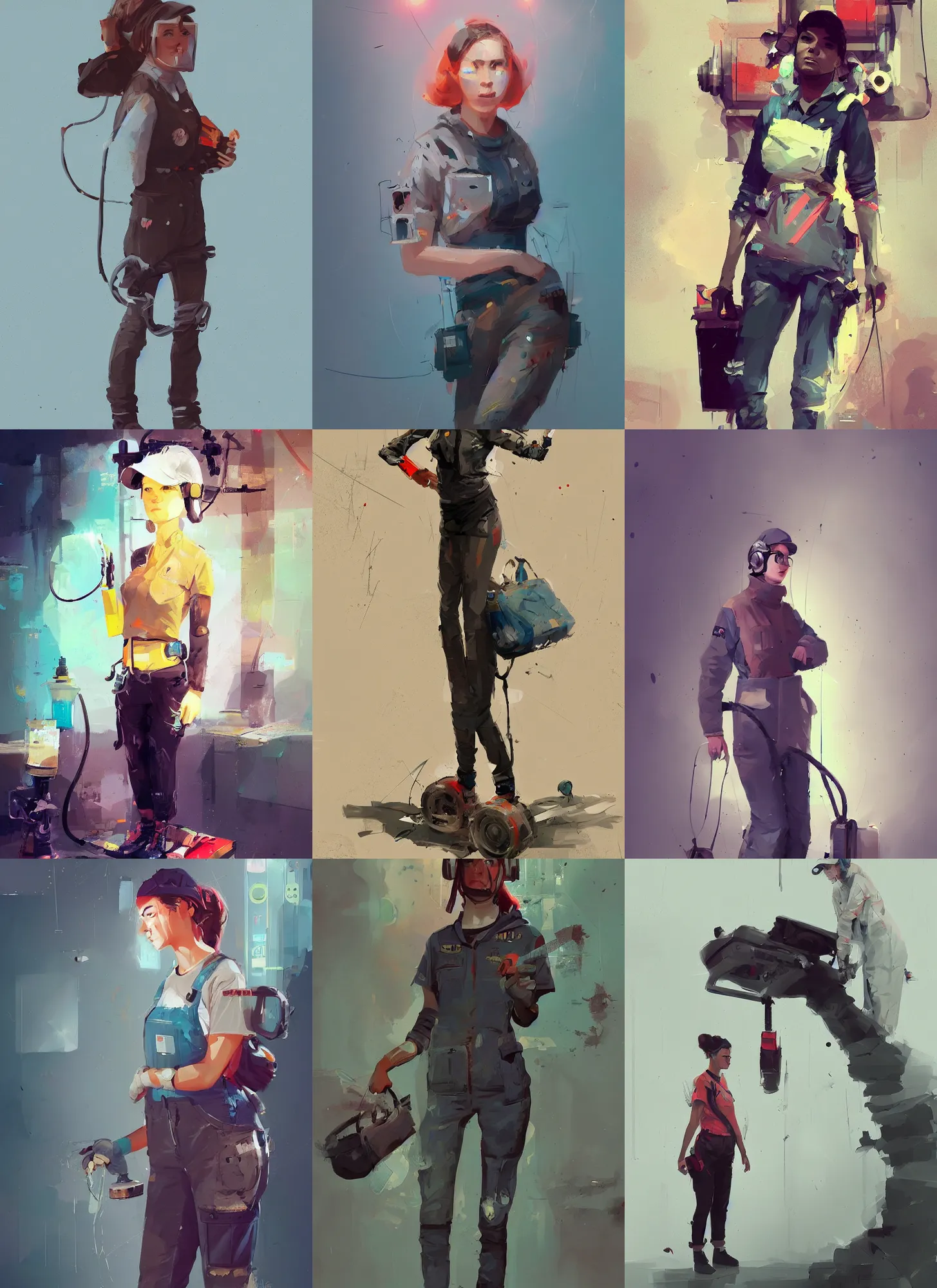 Prompt: a beautiful digital painting art of a full body portrait of a female mechanic, artwork by ismail inceoglu, trending on artstation