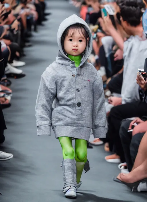 Prompt: hyperrealistic and heavy detailed balenciaga runway show of baby yoda, leica sl 2 5 0 mm, vivid color, high quality, high textured, real life, cute face
