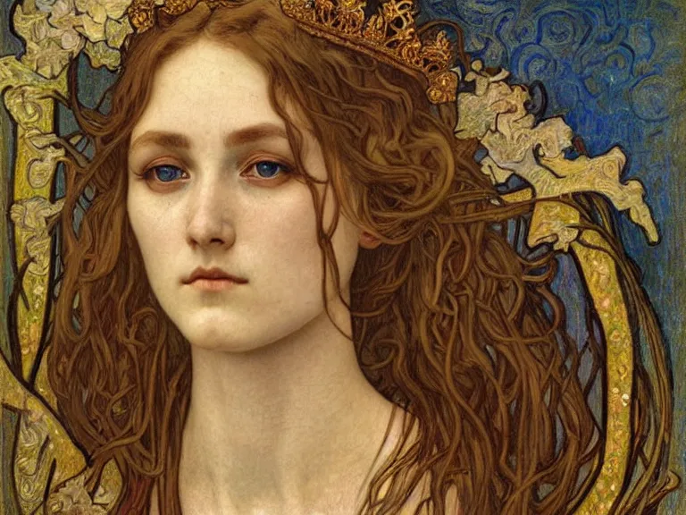 Image similar to detailed realistic beautiful young medieval queen face portrait by jean delville, alphonse mucha, vincent van gogh, and marco mazzoni, art nouveau, symbolist, visionary, gothic, pre - raphaelite