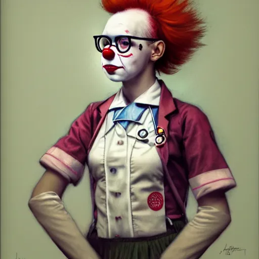 Image similar to clowncore pastel punk young hospital nurse wearing stylish uniform. detailed, portrait, 8 k, artwork by jean - baptiste monge