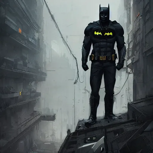 Image similar to Batman wearing techwear, high quality, digital art, dire cyberpunk city, gray sky, greg rutkowski