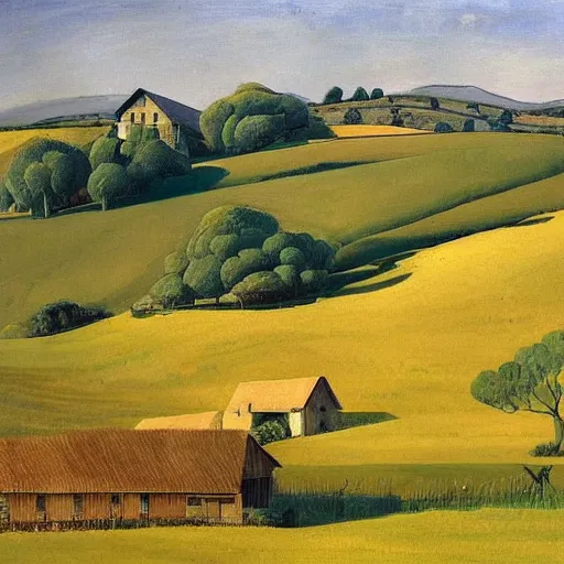 Image similar to This art installation captures the beauty of the countryside in all its simplicity. The rolling hills and fields are bathed in a warm, golden light, and the peaceful scene is punctuated by a few small houses and a winding road. The brushwork is loose and expressive, and the overall effect is one of serenity and calm. by Wifredo Lam, by Albrecht Anker rigorous