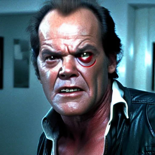 Image similar to VFX movie where Jack Nicholson plays the Terminator with a glowing red eye