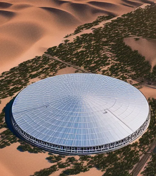 Image similar to dominador radial vertical solar power plant in the desert, spatial structure, former gasometer in rome, white sheets, trending on artstation, behance, octane render, award winning, archviz, matte painting, epic