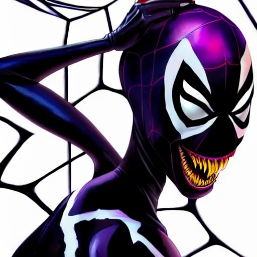 Prompt: gorgeous female Emma Stone as Spider-Gwen as venom, realistic character concept, medium shot, evil pose, comic book, illustration, slender symmetrical body, artstation, cinematic lighting, hyperdetailed, Tom Bagshaw, Joshua Middleton, Gottfried Helnwein, Rafeal Albuquerque comic, single face, insanely detailed and intricate, dark and smokey background