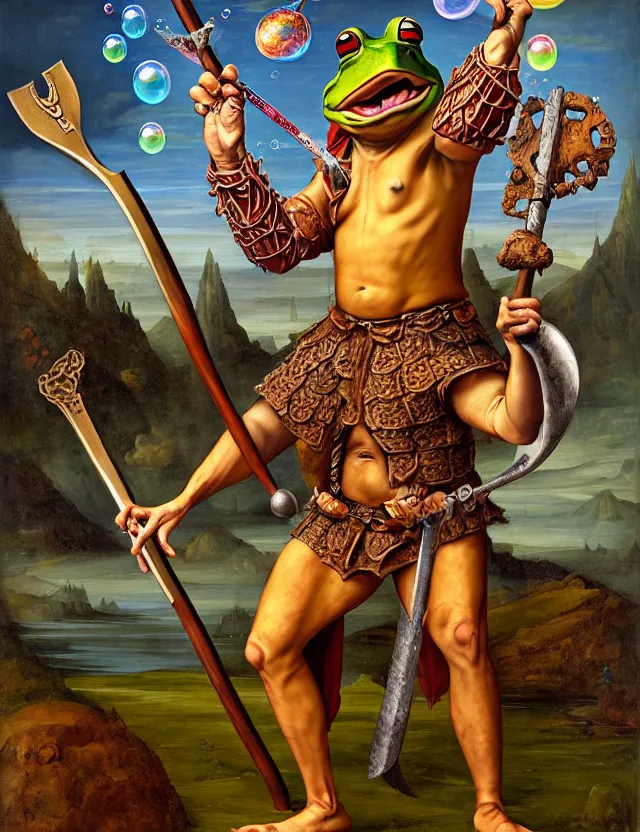 Prompt: anthropomorphic bipedal frog that is dressed as a medieval barbarian, and wielding a club weapon, as a renaissance oil painting and d & d character art, by alex grey, standing, fullbody, floating bubbles, enlightenment, mystic, concept art, award - winning, extremely detailed, sharp focus