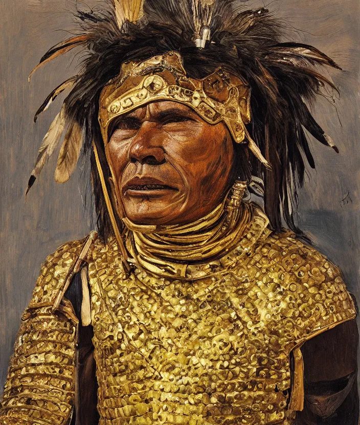 Image similar to indigenous man with a golden armour, painted by lucian freud, hd, super detailed, realistic, muted colors