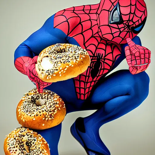 Prompt: overweight spider - man eating a bagel, photograph, 8 k