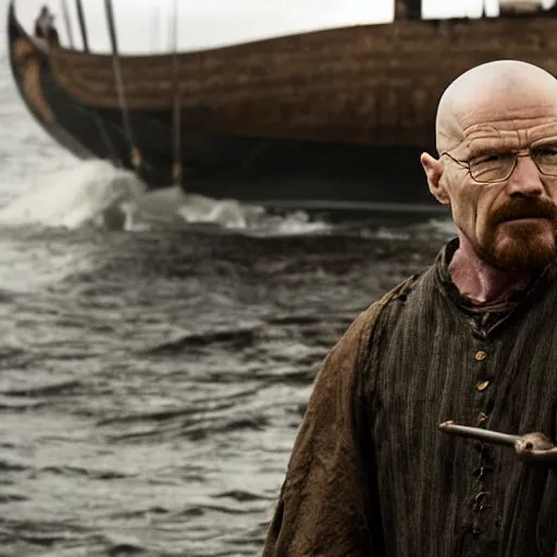 Prompt: Walter White Standing at the bow of a ship in Vikings TV series.