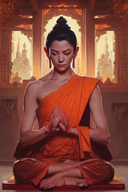 Image similar to temple, buddhism, painting by greg rutkowski, j. c. leyendecker, artgerm