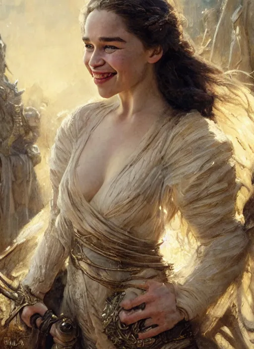 Image similar to happy emilia clarke smiling, detailed, by gaston bussiere, bayard wu, greg rutkowski, giger, maxim verehin, greg rutkowski, masterpiece, sharp focus, cinematic lightning