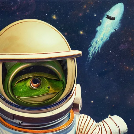 Image similar to long shot of a cute astronaut frog wearing an astronaut helmet, by esao andrews, by m. w. kaluta, by james web telescope, ultra humorous beautiful oil painting, cinematic space scenery, small depth of field, depth perception, volumetric light, rich colors, 3 d octane render, 8 k, conceptart, hyperdetailed, hyperrealistic, trending on artstation