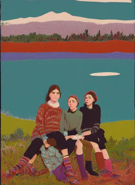 Image similar to composition by justine kurland, a portrait of a group of girls dressed in colorful sweaters in a scenic representation of mother nature and the meaning of life by billy childish, thick visible brush strokes, shadowy landscape painting in the background by beal gifford, vintage postcard illustration, minimalist cover art by mitchell hooks