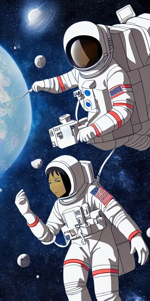 Image similar to female astronaut floating through space, liminal, lonely, anime movie, highly detailed