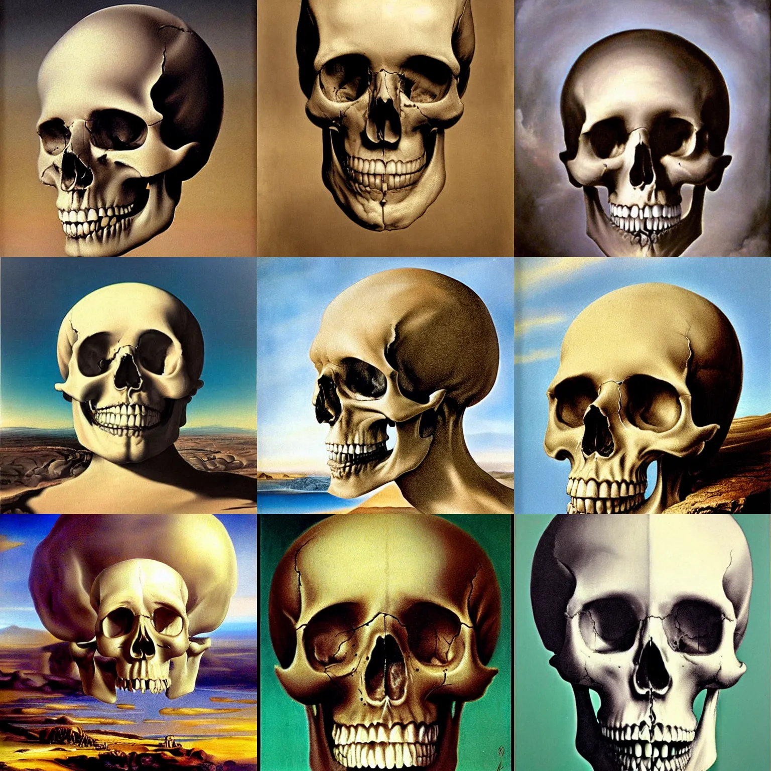 Prompt: beautiful matte painting art of human skull, by Salvador Dali