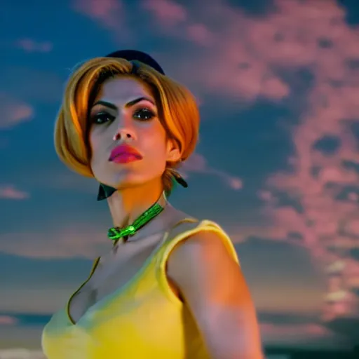 Image similar to cinematic scene with eva mendes as jolyne from jojo's bizarre adventure, live action film, stone ocean, dramatic, small details, volumetric lighting, still frame