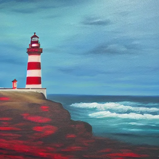 Image similar to an oil painting of a lighthouse overlooking a blood ocean