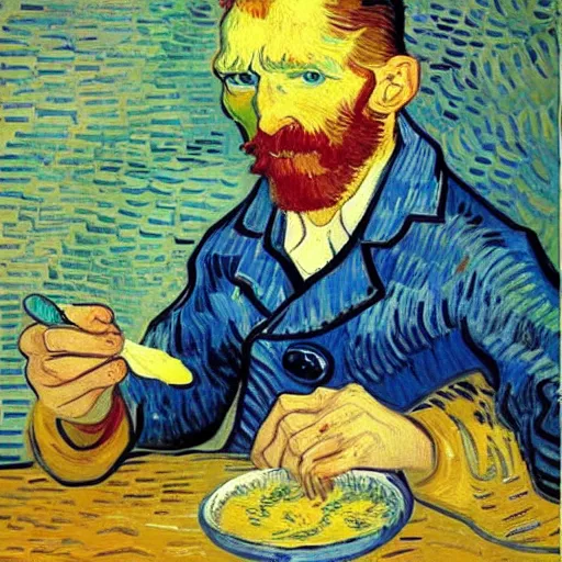 Image similar to french guy eating yogurt, painting, artwork by van gogh