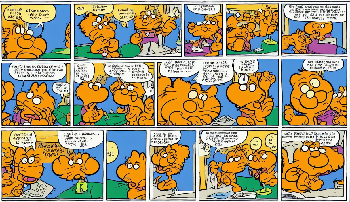 Image similar to garfield comic strip, 3 panels, illustrated by Jim Davis