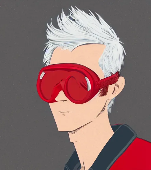 Image similar to young man in red jacket and white shirt, white hair, round goggles, smoking cigarette, character portrait, sharp focus, illustration, high detailed