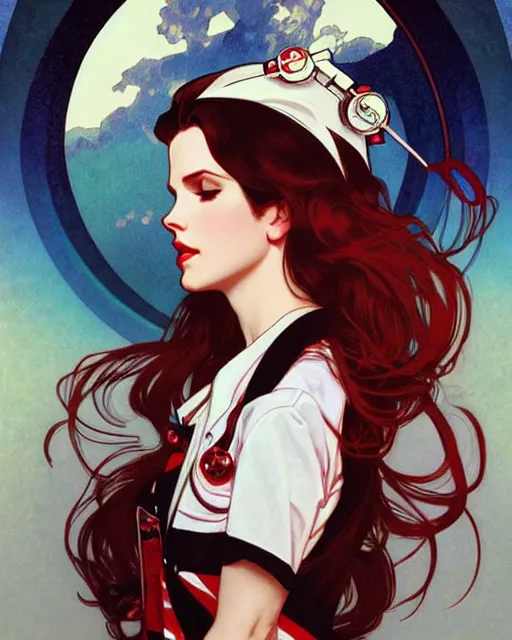 Image similar to lana del rey as a confident scientist, wearing a labcoat, intricate, red white and black color scheme, illustration by krenz cushart, alphonse mucha, artgerm, trending on artstation