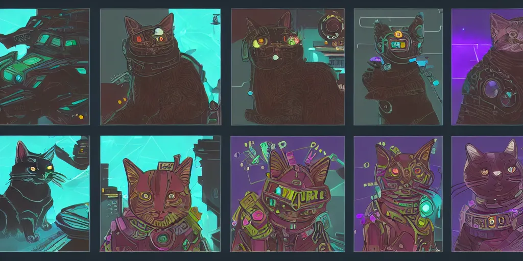 Image similar to card design concept art for a cyberpunk game about cats and cars and monsters, symmetrical, magic, by settlers of catan and cosmic encounters and fantasy fights