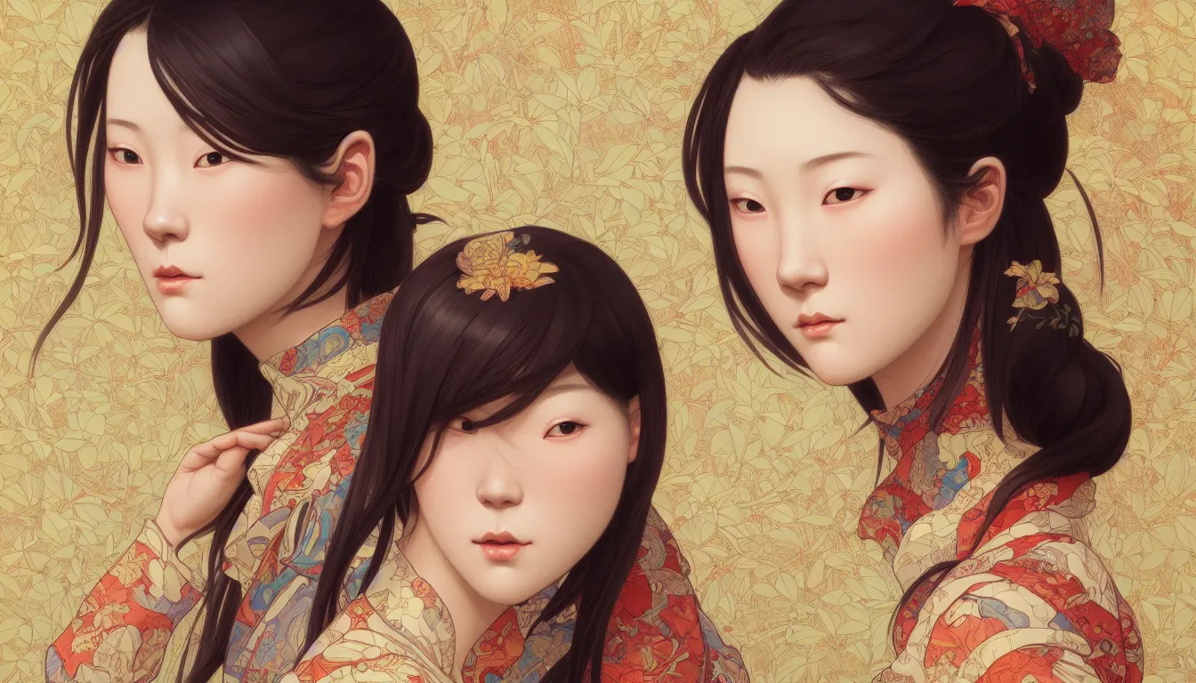 Image similar to excellent painted portrait of one pretty japanese girl with upturned nose, high quality masterpiece painted, patterned background, 4 k, trending on artstation, octane render, art by james jean and artgerm and greg rutkowski and alphonse mucha and craig mullins and james jean and andrei riabovitchev and marc simonetti and peter mohrbacher