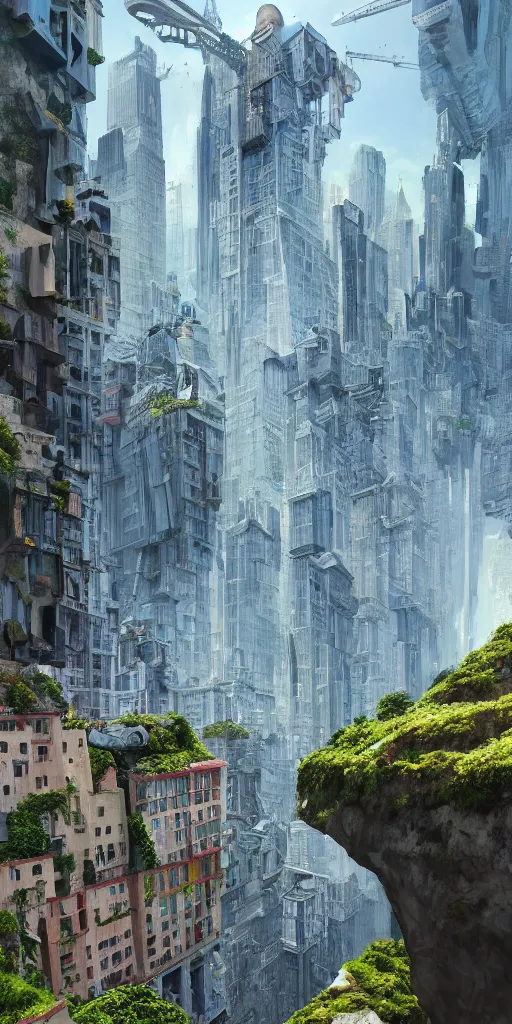 Prompt: a painting of a skyscraper city built into the side of a cliff, a detailed matte painting by wes anderson, morphosis, daniel libeskind, nature meets architecture, cgsociety, fantastic realism, matte painting, terragen, artstation hq, clear glass, terraces, balconies, plants