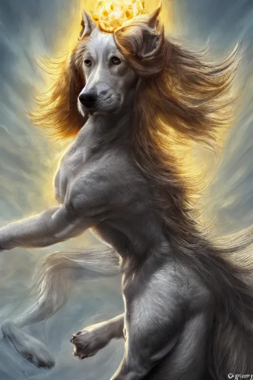 Prompt: Dog as a god with a radiant halo, detailed face, gorgeous, amazing, flowing hair, very muscular male body, partial anatomy, stormy background, caesar victorious, proud Emperor, crepuscular ray, intricate, highly detailed, 8K, digital painting, fantasy, artstation, concept art, sharp focus, over-shoulder shot, illustration, art by greg rutkowski beeple and alphonse mucha, jim burns