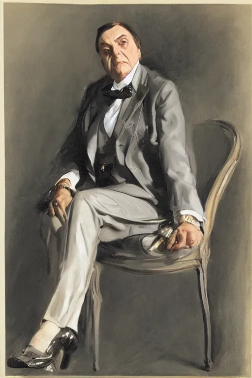 Prompt: “portrait of Barry Humphries, dressed in beautifully tailored clothes, seated, by John Singer Sargent”