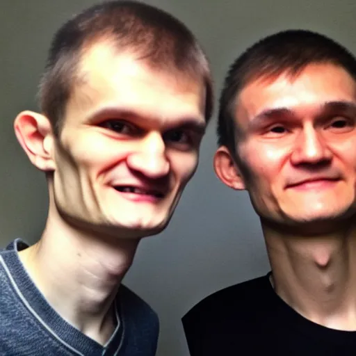 Prompt: picture of vitalik buterin and satoshi nakamoto in front of a computer