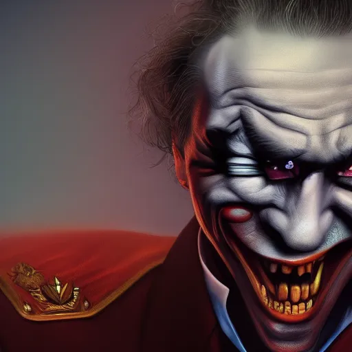 Image similar to Vladimir Putin is The Joker, hyperdetailed, artstation, cgsociety, 8k